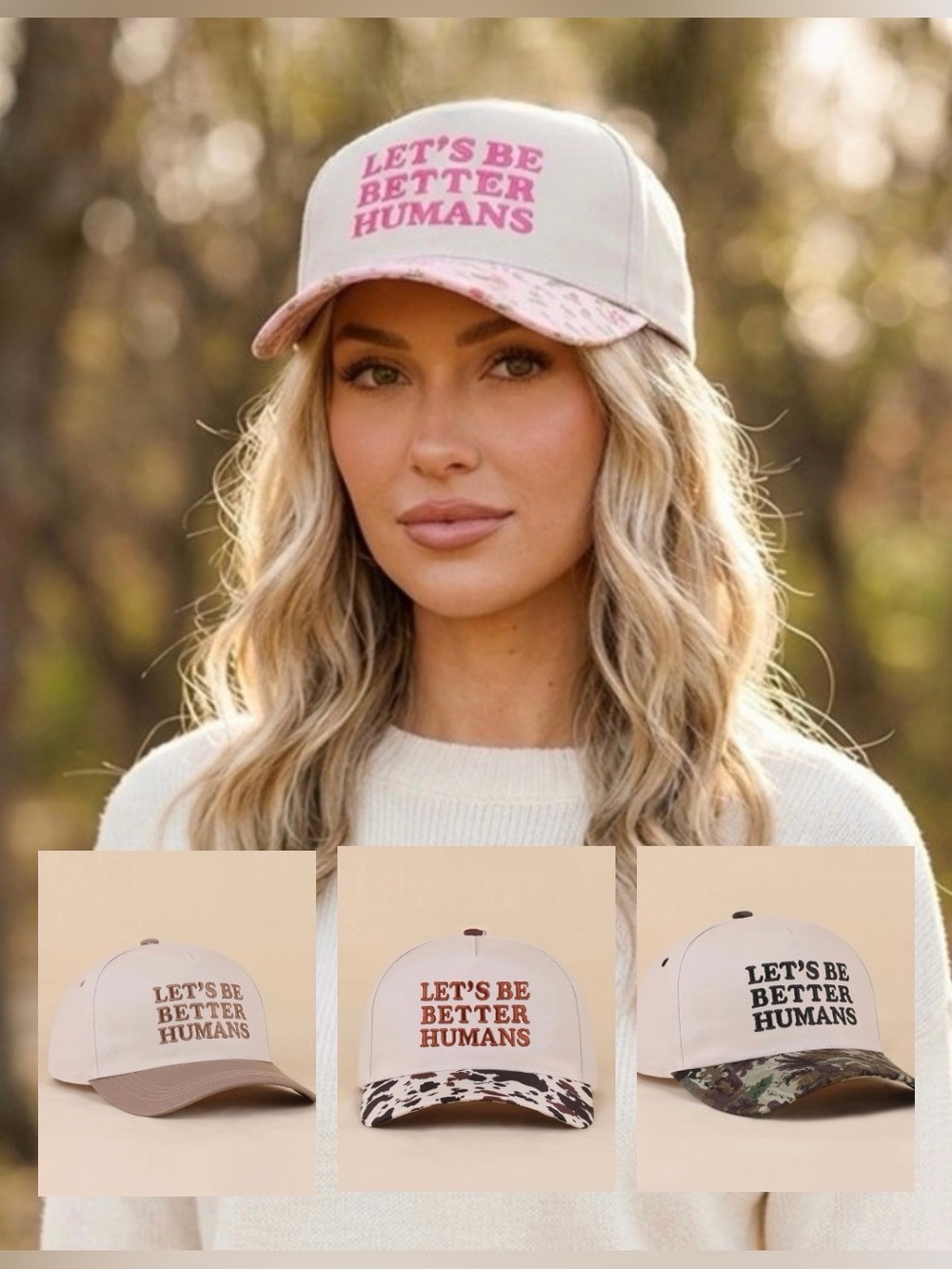 New let’s be better humans embroidered ZENANA hats camo cow floral ash mocha